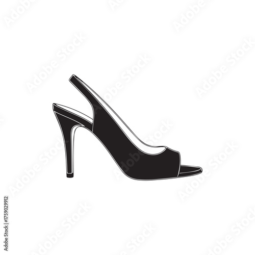 Elegant black slingback high heel shoe with an open toe and stiletto heel