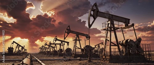 Oil Pump Jacks Under a Dramatic Sky: Industrial Landscape, Energy Production, Fossil Fuels, and Environmental Concerns