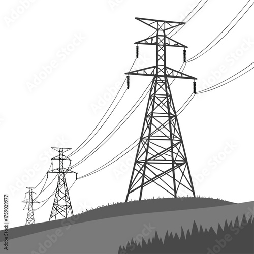 High voltage power transmission towers in black and white, electric pylons silhouette, energy infrastructure, electricity supply,