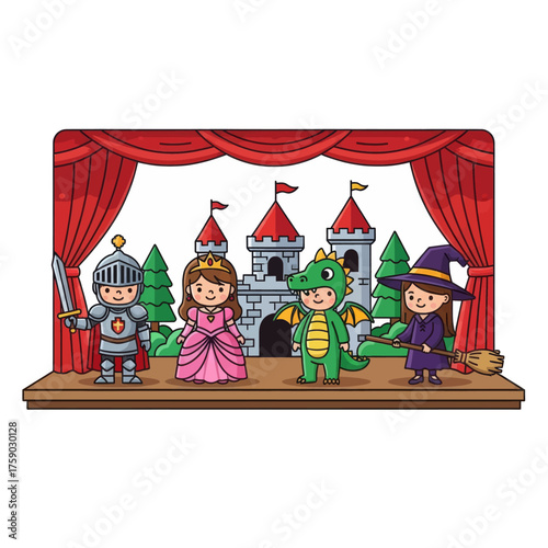 Childrens fantasy play on stage with knight, princess, dragon, and witch characters