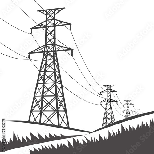 High voltage power transmission towers in black and white, electric pylons silhouette, energy infrastructure, electricity supply,