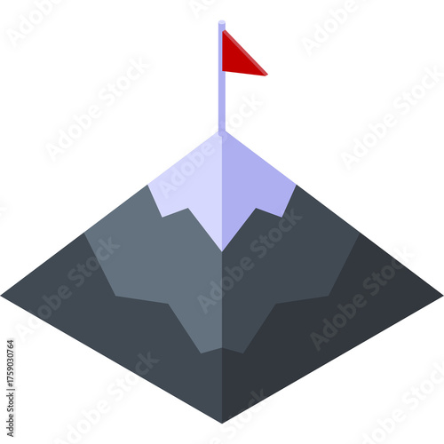 A Stylized Mountain Peak Crowned With a Red Flag Symbolizing Achievement and Success in an Isometric View with a Gradient of Blue and Gray Tones