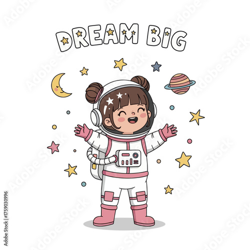 A cute astronaut girl wearing a spacesuit with 'Dream Big' text and celestial elements like stars, moon, and planet, ready for an interstellar adventure