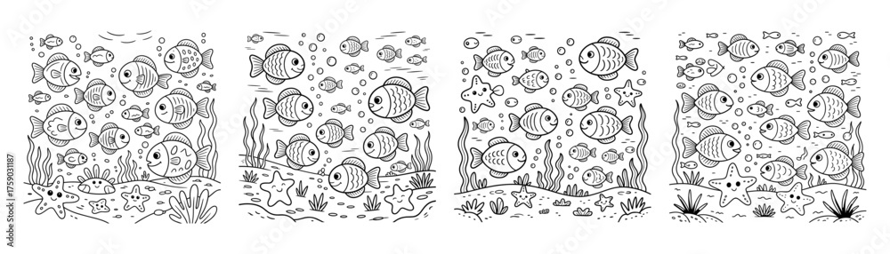 Fototapeta premium Underwater coloring book pages for kids, set of four cute fish illustrations, black and white sea life line art, ocean animal activity sheets