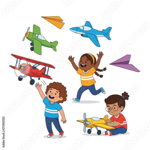 Children playing with colorful toy airplanes and paper planes, symbolizing imagination and childhood fun