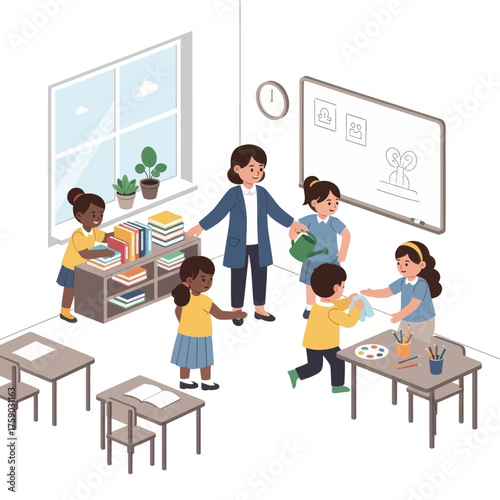 Young children learning and being taught by a teacher in a classroom setting, with educational tools and activities