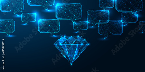 Digital value and AI-driven luxury concept with glowing diamond and speech bubble network