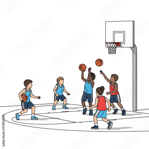 Boys play basketball on an outdoor court with hoops and multiple players in action
