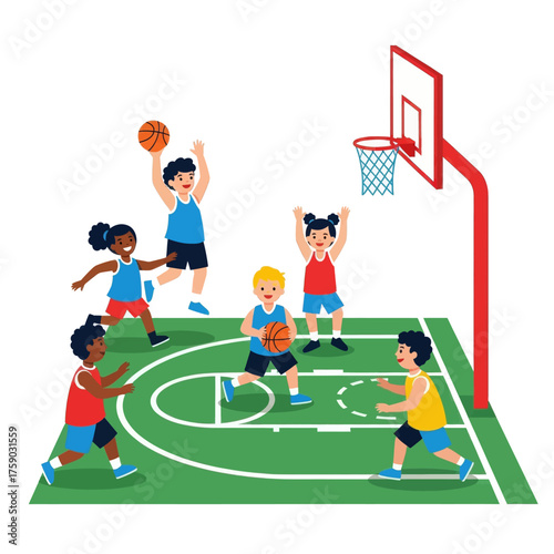 Children playing basketball on outdoor court with hoop and net in daytime