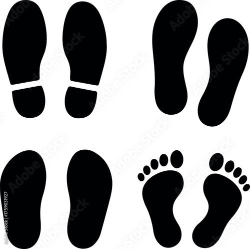 Vector illustration of four pairs of footprints and shoe prints in black silhouette style