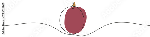 Passion fruit in one line art style. Drawing of a whole passion fruit, with editable black stroke and color on white background. Vector illustration.