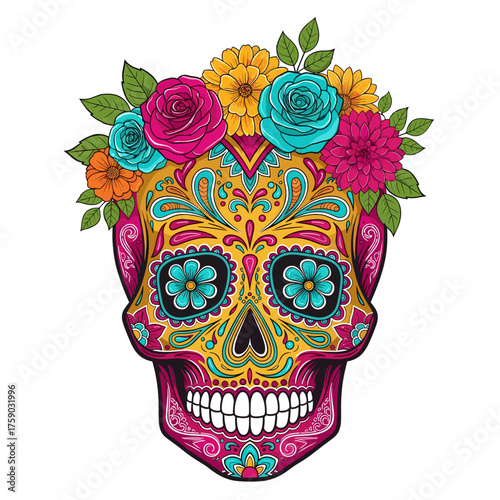 Vibrant Sugar Skull Illustration with Floral Crown. Colorful Day of the Dead Calavera Design