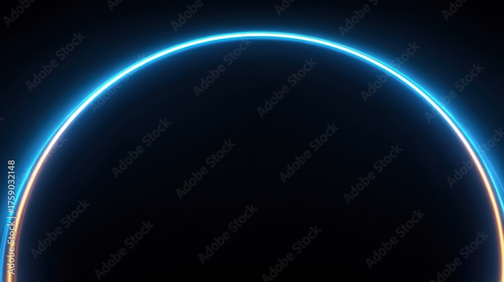 Fototapeta premium Futuristic neon light arc creating a vibrant glowing horizon against a dark background, ideal for tech themes, design projects, and digital media