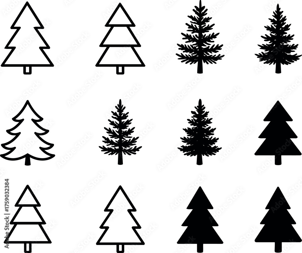 Obraz premium Vector illustration showing twelve stylized christmas trees in various line and solid styles
