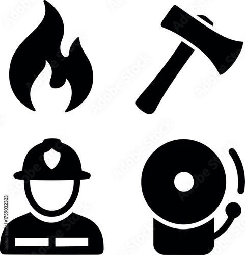 Vector illustration showing fire flame, axe, firefighter and a fire alarm bell in black silhouette