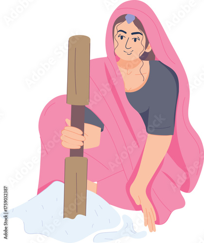 Indian Village Woman Grinding Grain – Rural Life Illustration