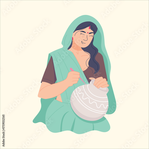 Folk Artisan Decorating Pottery in Soft Green Saree on Warm Beige