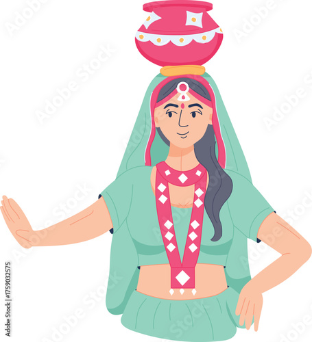 WebTraditional Indian Woman in Festive Attire Carrying Matka on Head