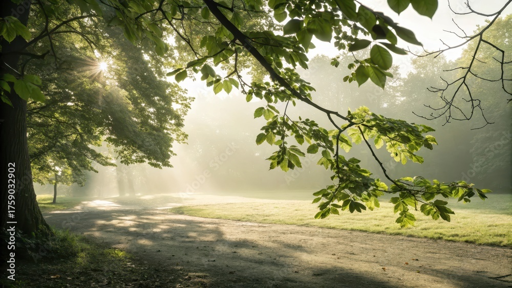 Fototapeta premium Sunlight shining through trees creating a dreamy forest scene