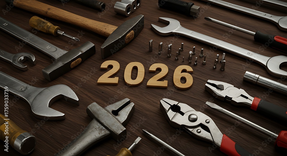 Fototapeta premium Year 2026 displayed amidst various hand tools on a wooden surface