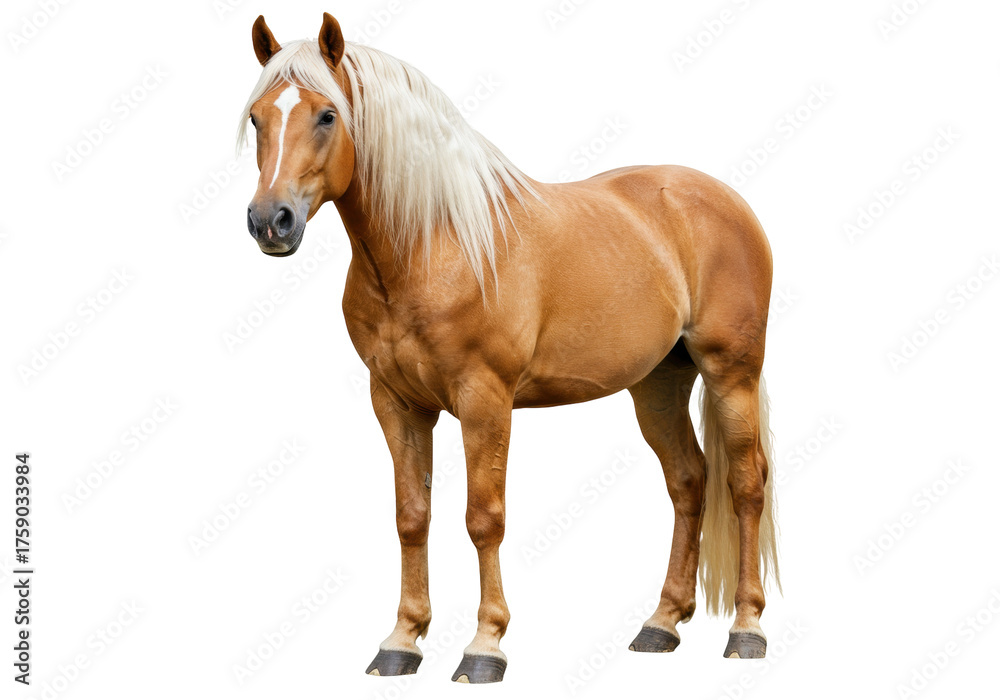 Obraz premium Palomino horse isolated on transparent background, golden coat equine with blonde mane and tail PNG