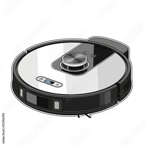 Illustration of a round, automatic floor cleaning robot vacuum cleaner for home use