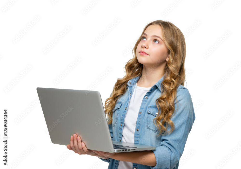 Naklejka premium Teenage girl holding laptop isolated on white, young woman with computer looking up thinking about ideas in studio shot PNG