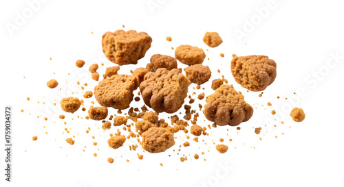 Delicious crushed ginger snap cookies scattered on a white background, a sweet treat for any occasion.