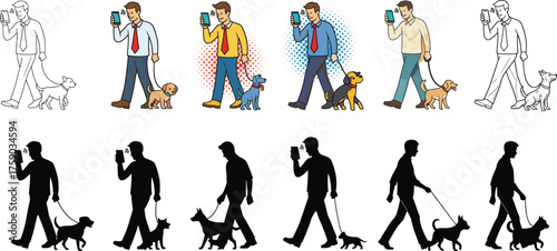 Dog walking, smartphone use, illustration progression, silhouette, line art, full color, lifestyle, cad drawing flat vector illustration