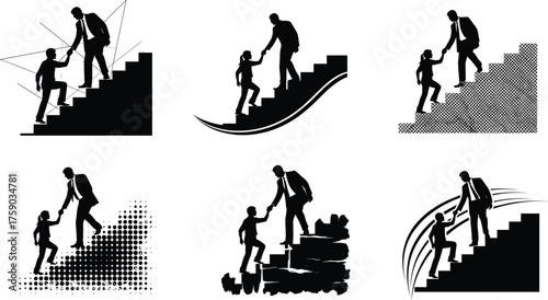 Silhouettes of business people helping others climb stairs, mentorship, teamwork, leadership, guidance, support, growth, success, opportunity