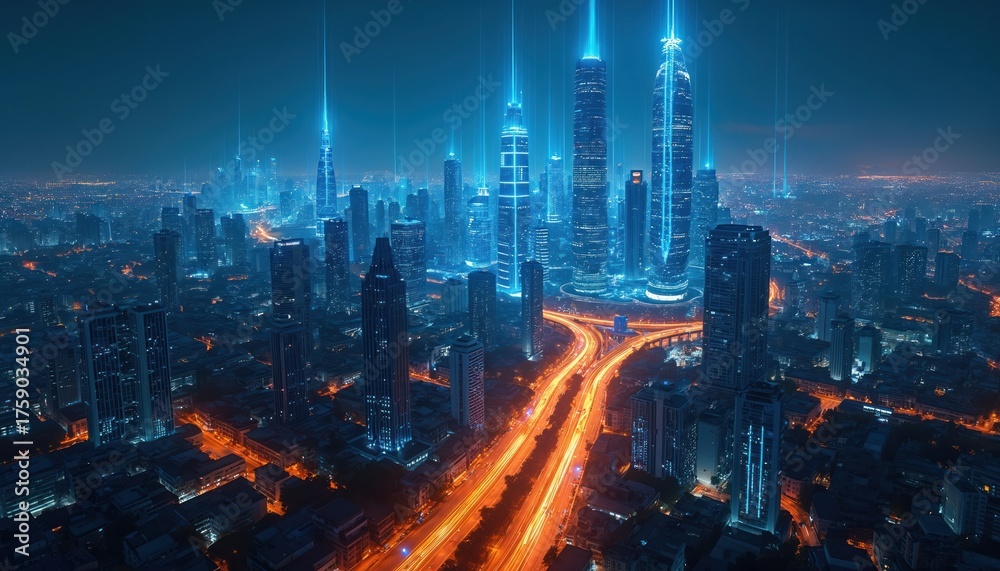 Fototapeta premium Futuristic night city illustration tech connectivity. Modern cityscape design features skyscrapers with glowing elements. Urban landscape represents digital transformation with light trails above