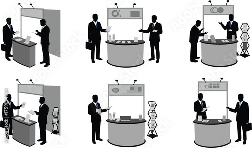 Silhouettes of business professionals at trade show booths, exhibition stands, marketing, networking, corporate event, presentation, discussion, promotion
