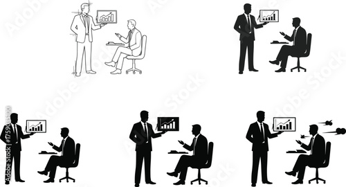 Silhouettes of businessmen presenting growth charts, office meeting, consultation, strategy, success, leadership, teamwork, corporate performance