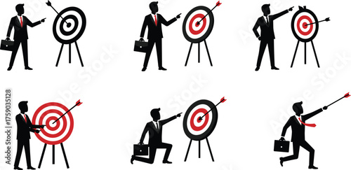 Silhouettes of businessmen with briefcases pointing at targets, goal setting, achievement, focus, success, strategy, performance evaluation