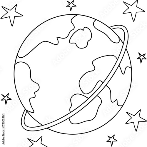 Cartoon Earth Planet with Ring and Stars Line Art Illustration globe space