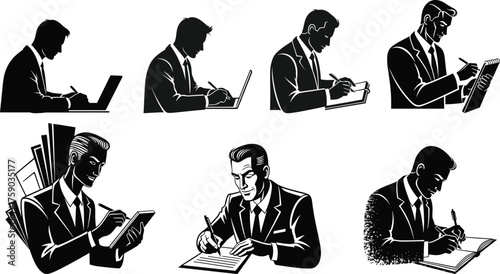 Silhouettes of businessmen writing at desk, office work, documentation, productivity, analysis, corporate tasks, professional illustration, vintage style