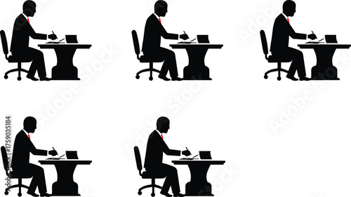 Silhouettes of businessmen writing at desks, office work, paperwork, productivity, corporate routine, professional tasks, business success