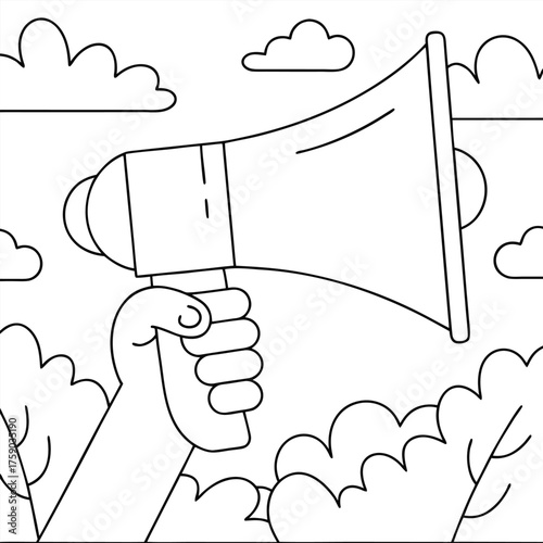 Hand holding a megaphone against a background of stylized clouds and foliage speaking announcement