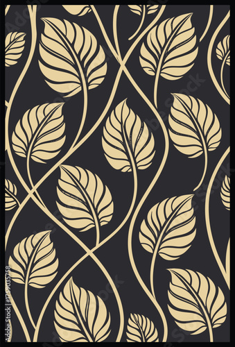 Seamless Beige Floral Vine Pattern on Black Background Featuring Vertical Leaves and Delicate Flowers for Sophisticated Wallpaper and Textile Design