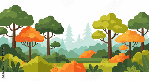 Vibrant autumnal woodland landscape illustration showcasing a diverse forest with trees displaying a beautiful blend of green and warm orange hues, depicting a serene natural environment
