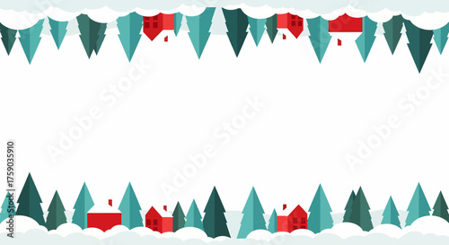 Festive Winter Landscape with Snow-Covered Trees and Cozy Red Houses