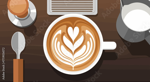 Latte Art Coffee Cup Illustration on Wood Table with Spoon, Tamper, and Milk Pitcher