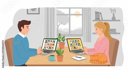 Remote Team Meeting Colleagues Connect Virtually via Video Conference on Laptops