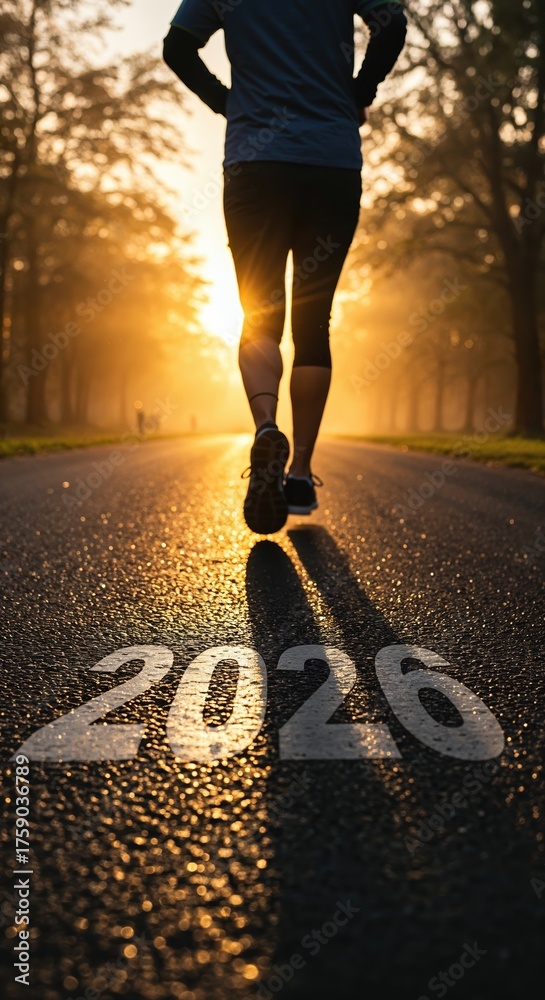 Naklejka premium A person runs on a sunlit road with the year 2026 painted on the asphalt, casting a long shadow during a misty golden sunrise or sunset.