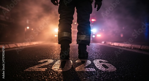 A person in protective gear stands on a dark, wet asphalt road with the number 2026 painted, illuminated by dramatic orange and blue emergency lights through thick smoke.