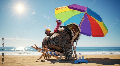 Fototapeta Naklejka Na Ścianę i Meble -  A humorous turkey relaxing on a beach with drinks under a colorful umbrella.