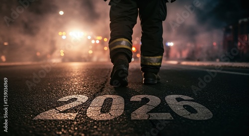 A low-angle view of a person in a firefighter uniform walking on asphalt with the prominent number 2026 painted on the ground amidst a smoky, dark emergency scene.