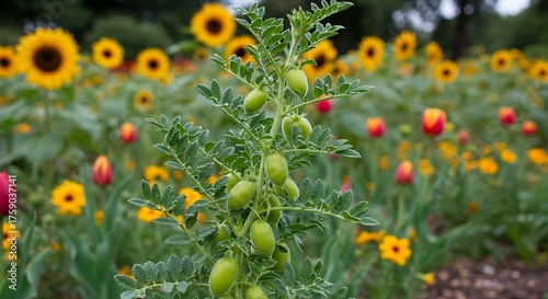 Green plant with pods against a backdrop of sunflowers and colorful flowers
