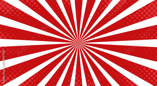 Vibrant red and white radial burst design features symmetrical stripes emanating from the center, accented by a retro halftone dot pattern creating a dynamic and eye-catching backdrop
