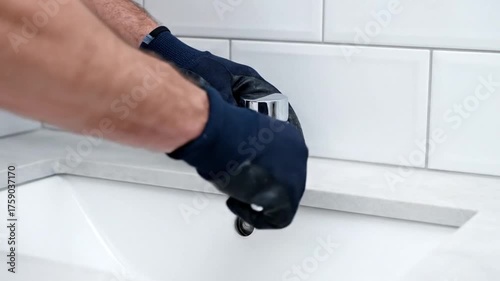 Wallpaper Mural Plumber Installing New Chrome Faucet in Modern Bathroom Sink - Close Up Torontodigital.ca